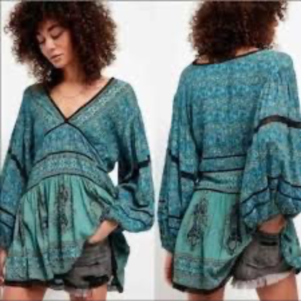 Free People Teal and Black Boho V-Neck Tunic